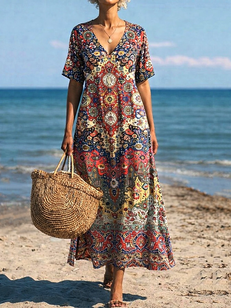 Dames Maxi-jurk Hemdjurk Zonnejurk T shirt jurk Vakantie Casual Boho Strand Feest Ruim Passend Paisley Etnisch Korte mouw V-hals Oranje rood Zomer Lente 2026 - $25.99 –P1