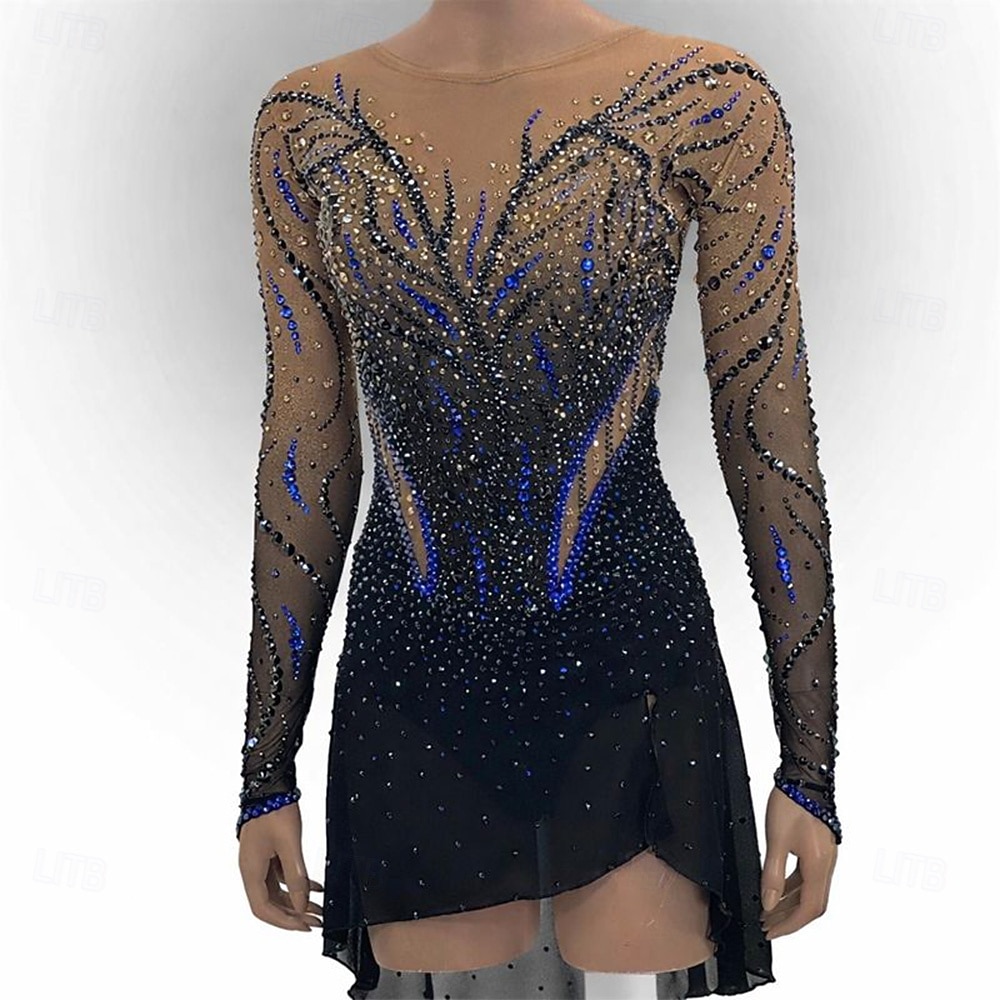 long sleeve figure skating dresses Gray Figure Skating Dress for Women Custom Ice Skating Dresses Women Crystal Long Sleeves