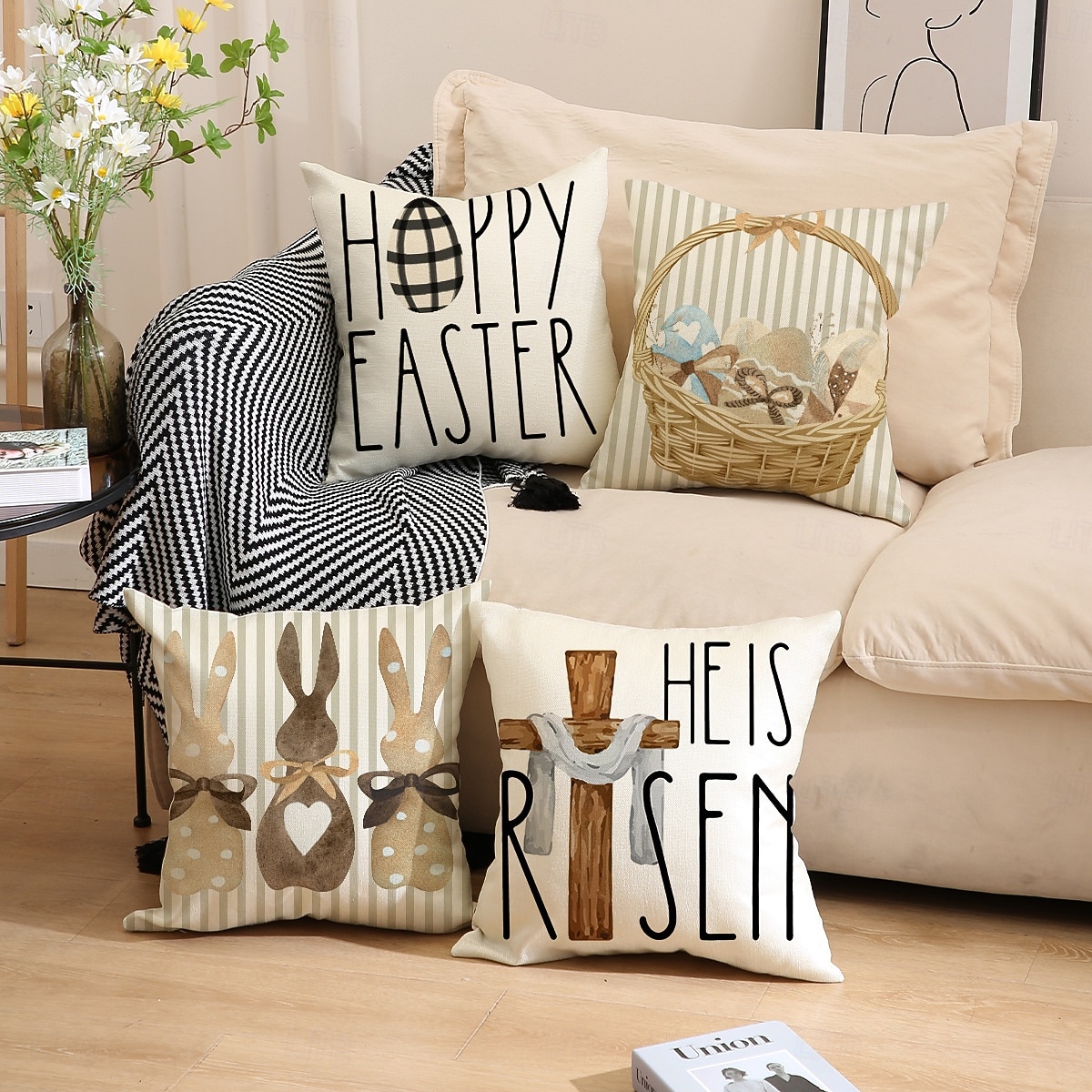 Sada 4 velikonočních povlaků na polštáře s potiskem písmen, povlaky na polštáře, jarní sváteční dekorativní povlaky na polštáře na pohovku 2026 - $17.99 –P3