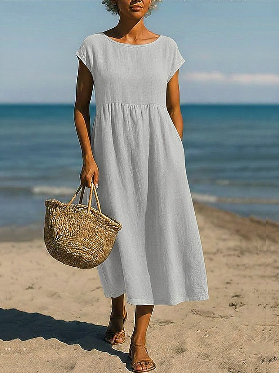boat neck boho dress Women's Midi A Line Dress Summer Dress Vacation Casual Daily Loose Fit Plain Short Sleeve Crew Neck Black Dark Red Light Green Pink Summer 2026 Long Sleeves Back Size:MD Sewing pattern vivienne What Kind of Jacket