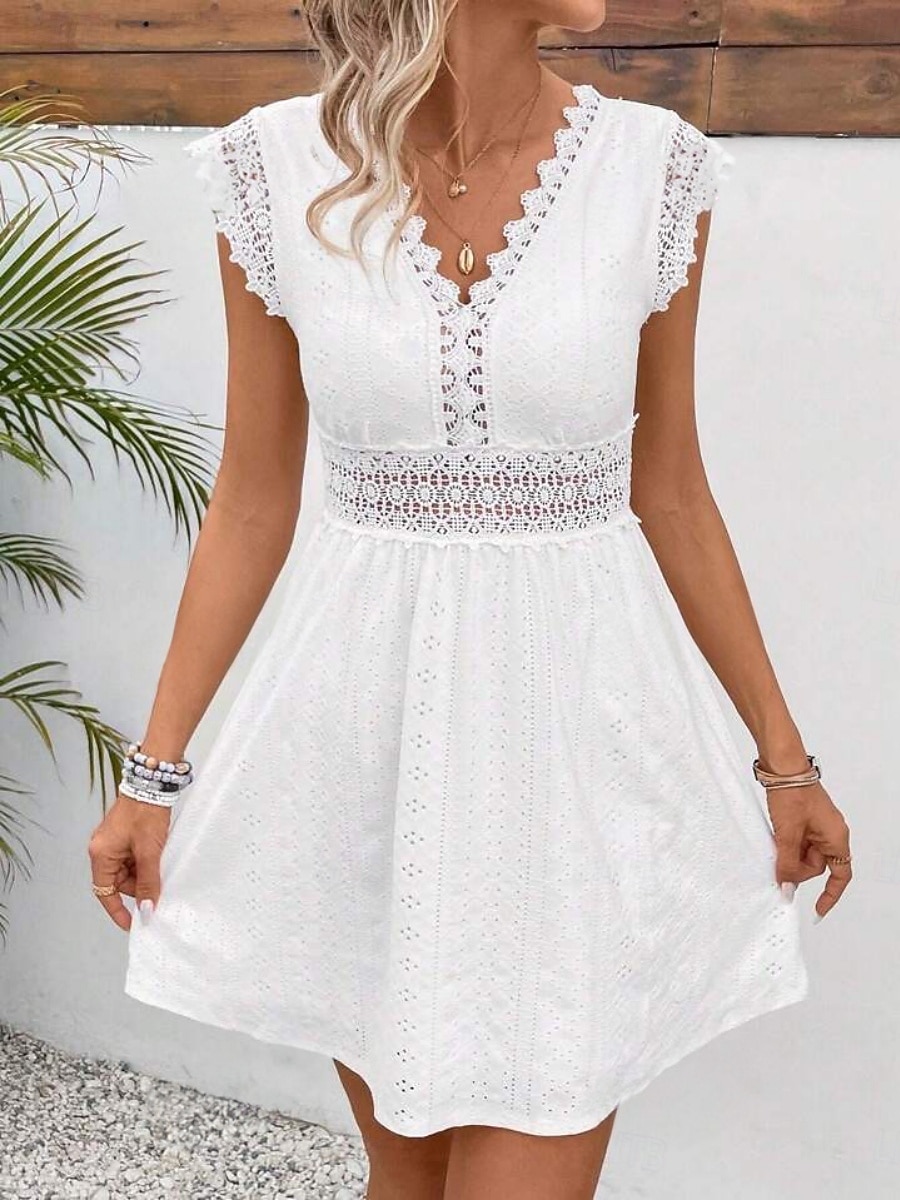 Dames Halflange jurk Kanten jurk Witte jurk Jurk met oogjes Elegant Modieus Modern Casual Dagelijks Buiten Normale pasvorm Effen Mouwloos V-hals Zwart Wit Zomer Lente 2026 - $25.99 –P3