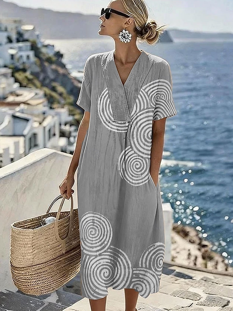 Dame Midikjole Solkjole Kjole med A-linje Ferie Fritid Strandstil Strand Fest Løstsittende Grafisk Geometrisk Kortermet V-hals Blå Lilla Grønn Kakifarget Sommer Vår 2026 - $15.99 –P5