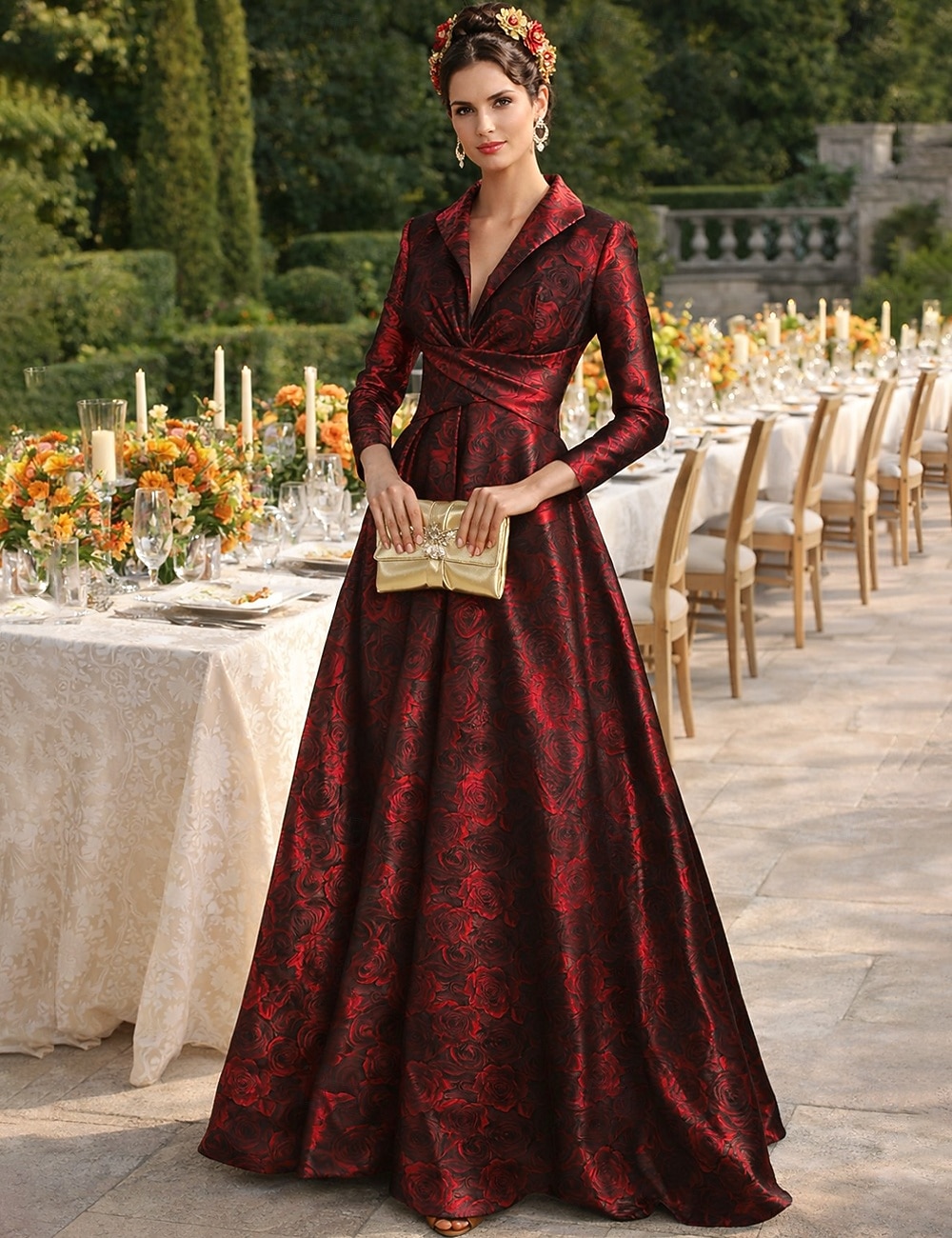 Corte A Hasta el Suelo Vestido Invitada Boda Vestido formal Vestido de la Llamarada Vestido de Madrina Manga Larga Cuello Camisero Elegante Vintage Boda Formal Invitado a la boda Nailon con Lazo(s 2026 - $195.99 –P1