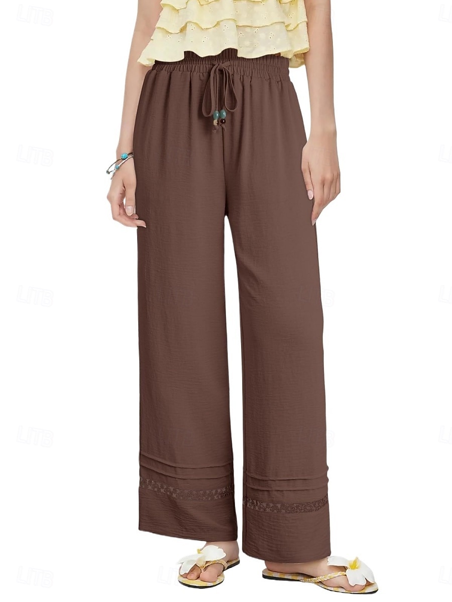 Women's Wide Leg Trousers Casual Pants Vacation Fashion Streetwear Full Length High Waist Plain Lace Elastic Waist Comfortable Breathable Inelastic Daily Vacation Street Black Almond Military Green 2026 - $29.99 –P10