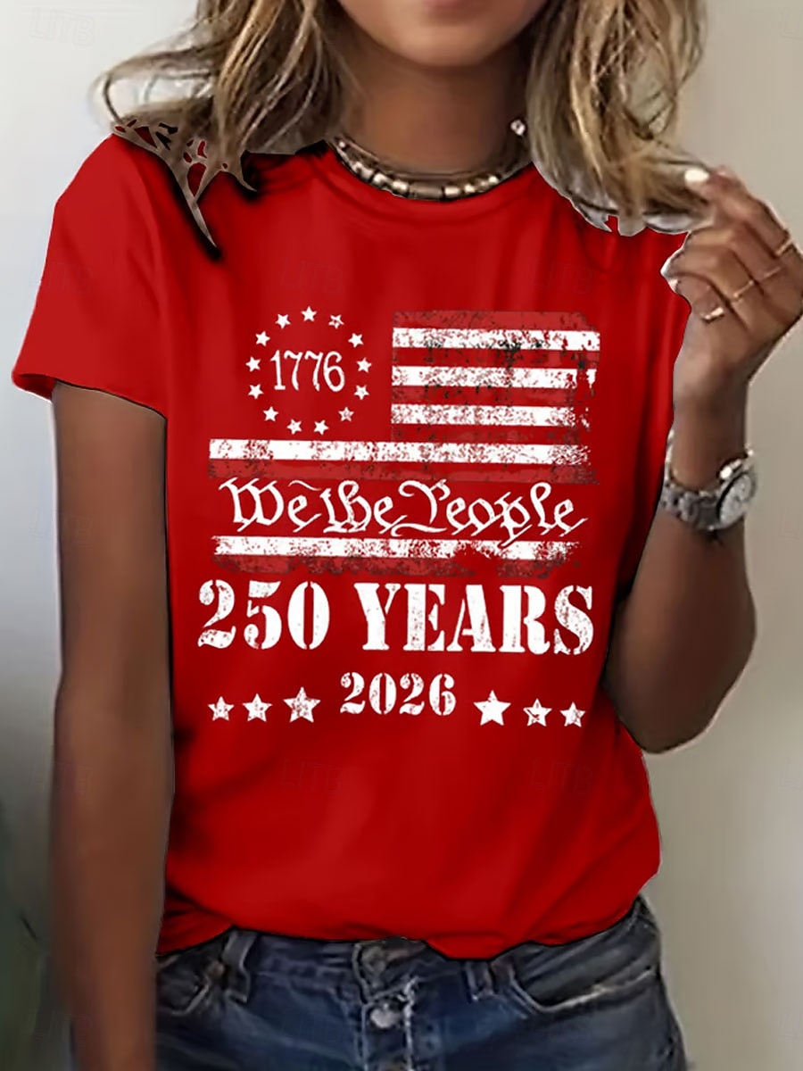 Independence Day American Anniversary Patriotic Women's T Shirt Print Graphic Flag Letter Stylish Classic Casual Short Sleeve Crew Neck Regular Tops Daily Blue Black White Red Summer Spring 2026 - $22.99 –P4