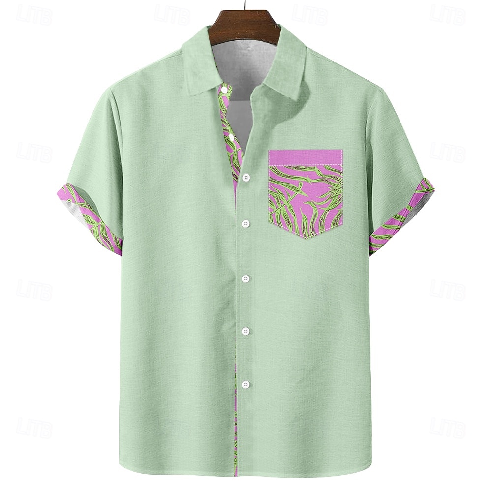 Men's Palm Leaf Tropical Plants Shirt Hawaiian Shirt Aloha Shirt Short Sleeve Hawaiian Vacation Holiday Summer Turndown 3D Print Front One Pocket Linen Like Shirt Blue Pink Purple Green 2026 - $25.99 –P1