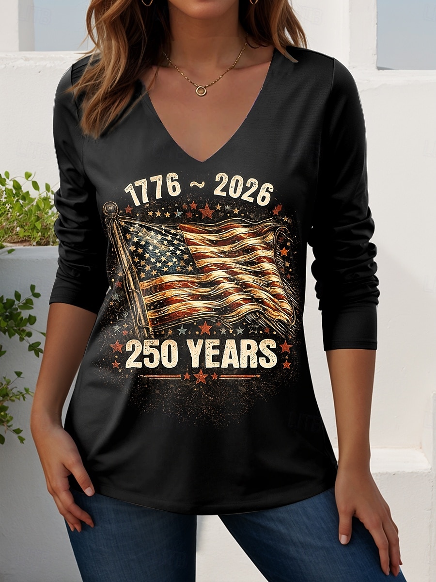 Ziua Independenței Americane Aniversarea de 250 de ani Tricou pentru Femei Patriotic Grafic Steagul American Vintage Elegant Casual Mâneci Lungi Gât în V Tops Regale de Zi cu Zi Weekend Albastru 2026 - $24.99 –P3