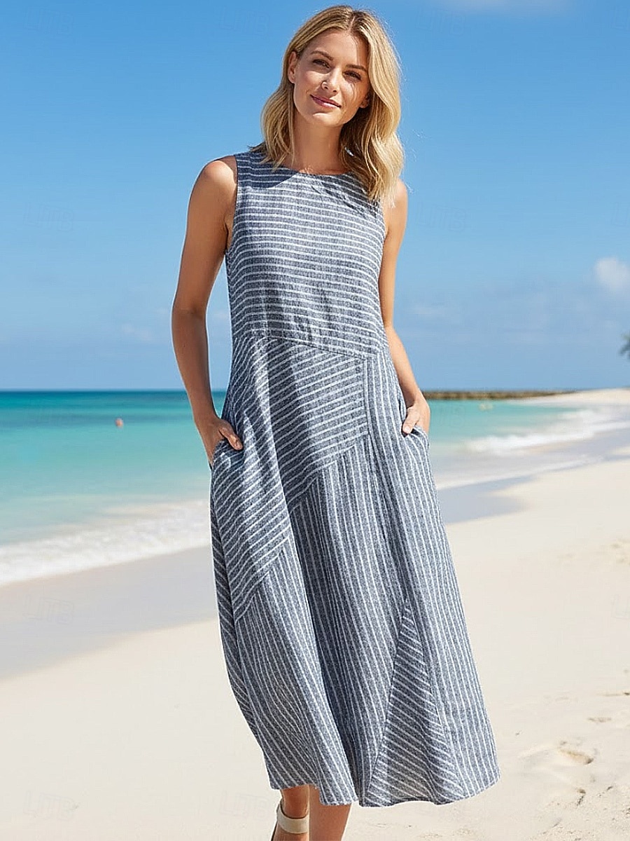 Damen Midikleid A Linie Kleid Urlaub Lässig Outdoor Ausgehen Lässiger Schnitt Gestreift Ärmellos Rundhalsausschnitt Blau Grün Grau Sommer Frühling 2026 - $21.99 –P2