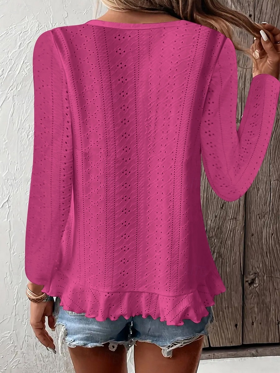 Pasqua Per donna Camicia traforata Top traforato Blusa Volant Traforato Tinta unica Elegante Essenziale Casual Manica Lunga Girocollo Top Regolari Casuale Quotidiano Spiaggia Blu Bianco Giallo Vino del 2026 a $21.99 –P4