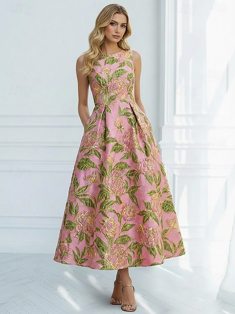 A-Linie Tee-Länge Abendkleid Cocktailkleider Elegant Ärmellos U-Boot-Ausschnitt Hochzeit Formell Jacquard mit Falten 2026 - $171.99 –P4