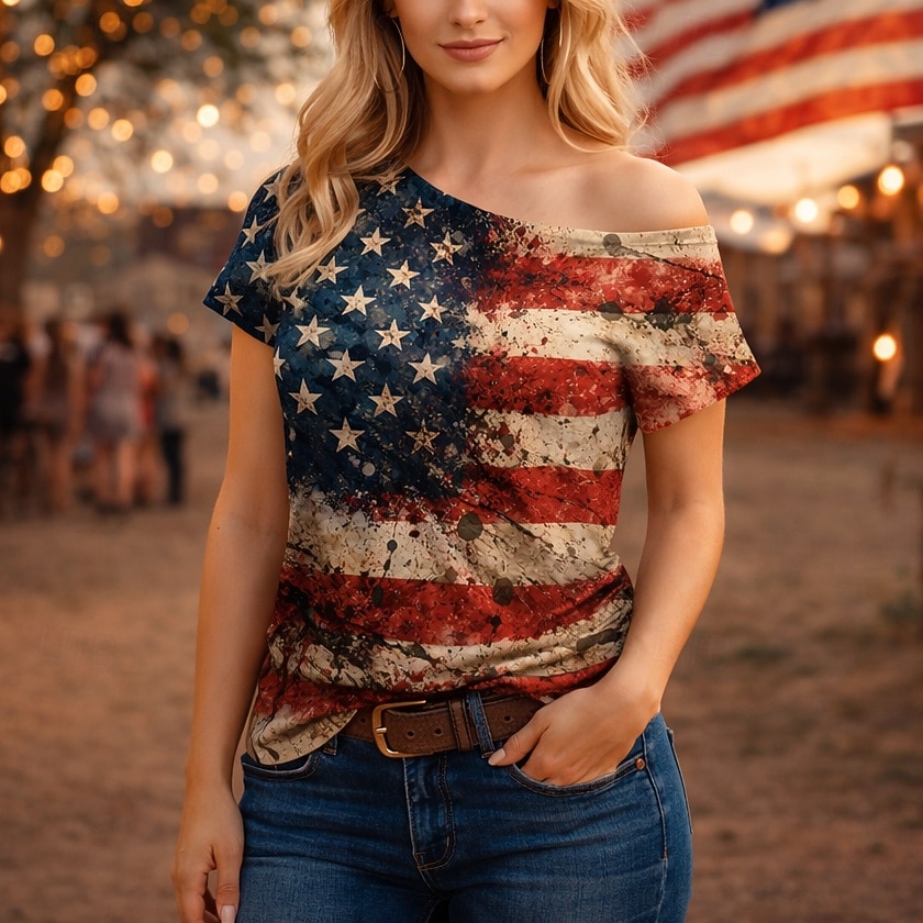 250-летие США Ретро В стиле 1980-х Короткий Как у футболки На одно плечо Короткие рукава Флаг США Маскарадный костюм Жен. 4 июля День независимости Взрослые Футболка 2026 - $18.99 –P1