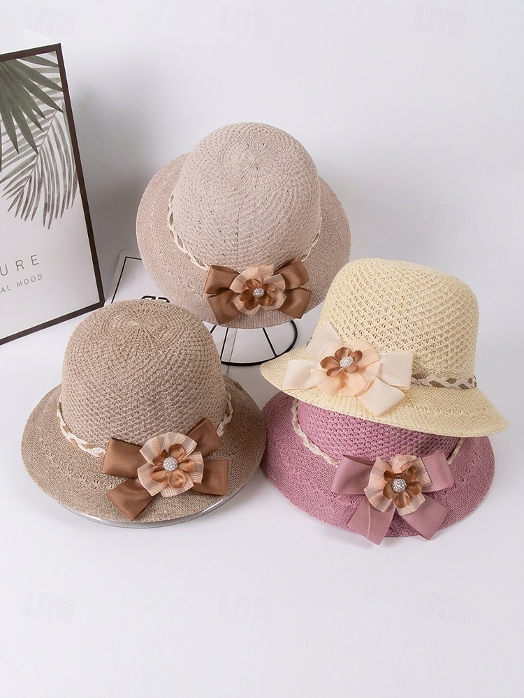 Dámský skládací bohémský slaměný klobouk proti slunci – lehká prodyšná polyesterová plážová čepice s květinovou mašlí, více barev pro letní dovolenou, běžné nošení i cestování 2026 - $5.99 –P5