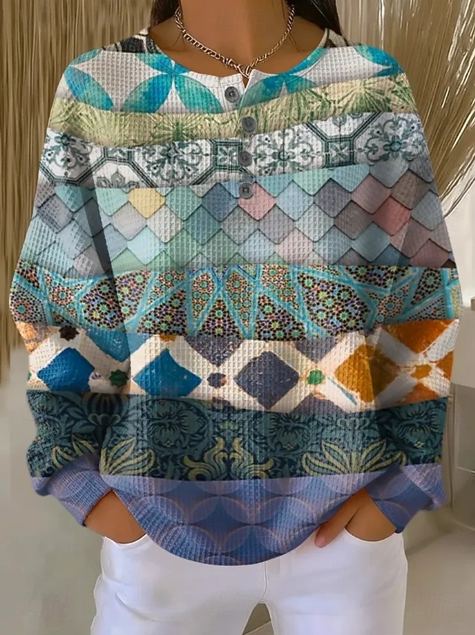 Damen Pullover Sweatshirt Knöpfe Blumen Grafik Mode Lässig Druck Langarm Rundhalsausschnitt Normale Oberteile Lässig Heim Arbeit Blau Schwarz und Rot Hellgrün Purpur Orange Sommer Frühling 2026 - $28.99 –P6