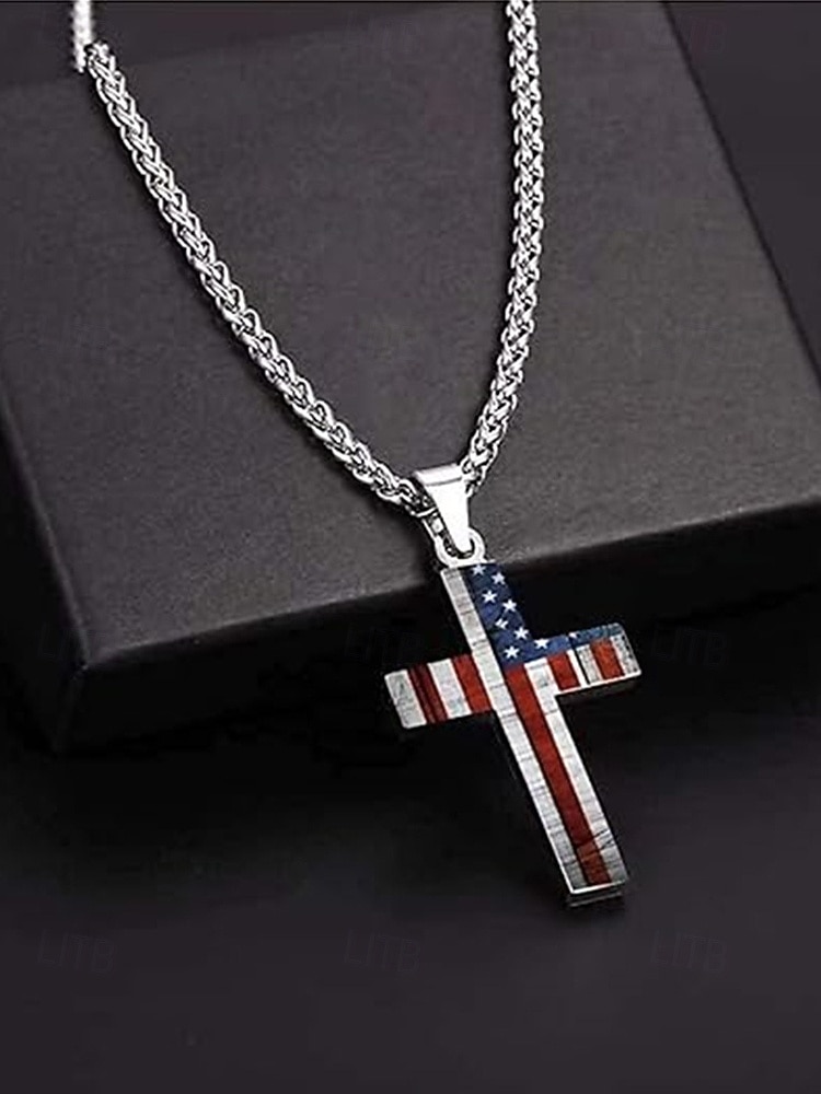 שרשרת תליון צלב דגל אמריקאי לגברים מפלדת אל-חלד, עמידה ומסוגננת, מושלמת ליום העצמאות, יום השנה ה-250 לארה"ב וללבוש יומיומי קז'ואל 2026 - $11.99 –P5