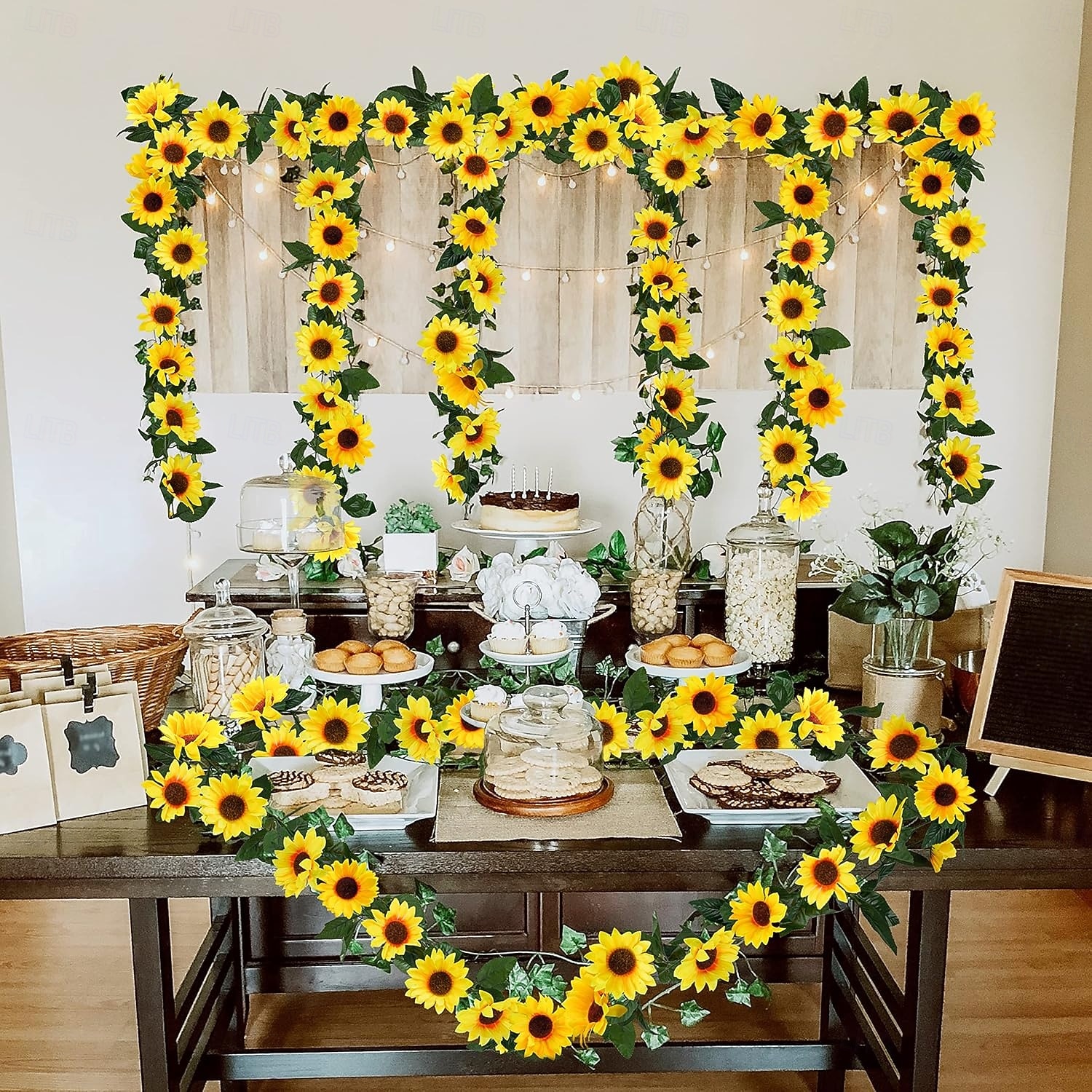 Confezione da 3 ghirlande di girasoli artificiali, 7,5 piedi/filo di girasoli di seta appesi, fiori rampicanti con foglie verdi per la stanza, la cucina, il giardino, il compleanno, il matrimonio, il del 2026 a $21.99 –P9