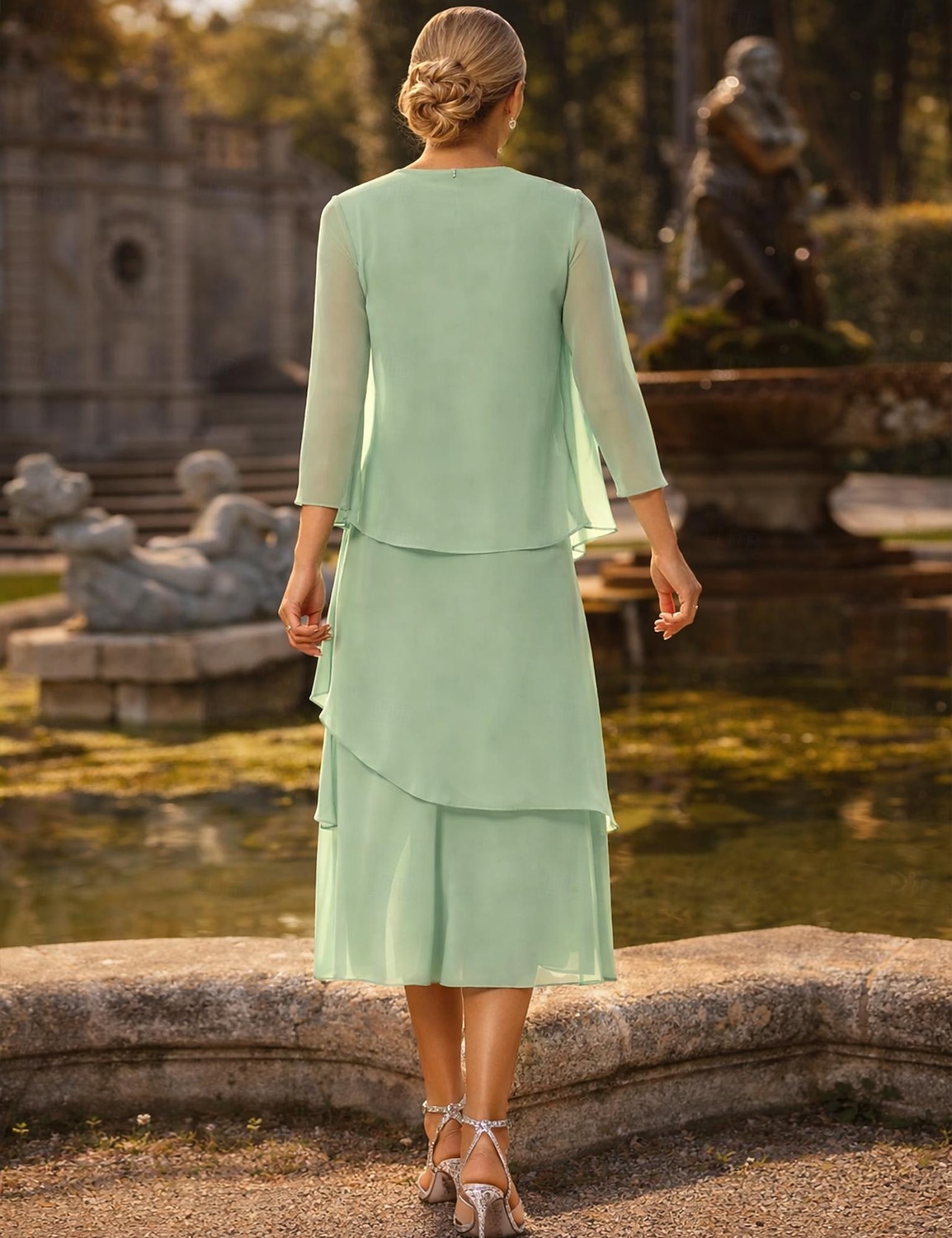 Tubino Colonna Lunghezza Tè Abito da invitata a nozze Abito da cerimonia per signora Manica 3/4 Collo gioiello Elegante Ospite di nozze Chiffon Con Stola con Arricciatura del 2026 a $160.99 –P2