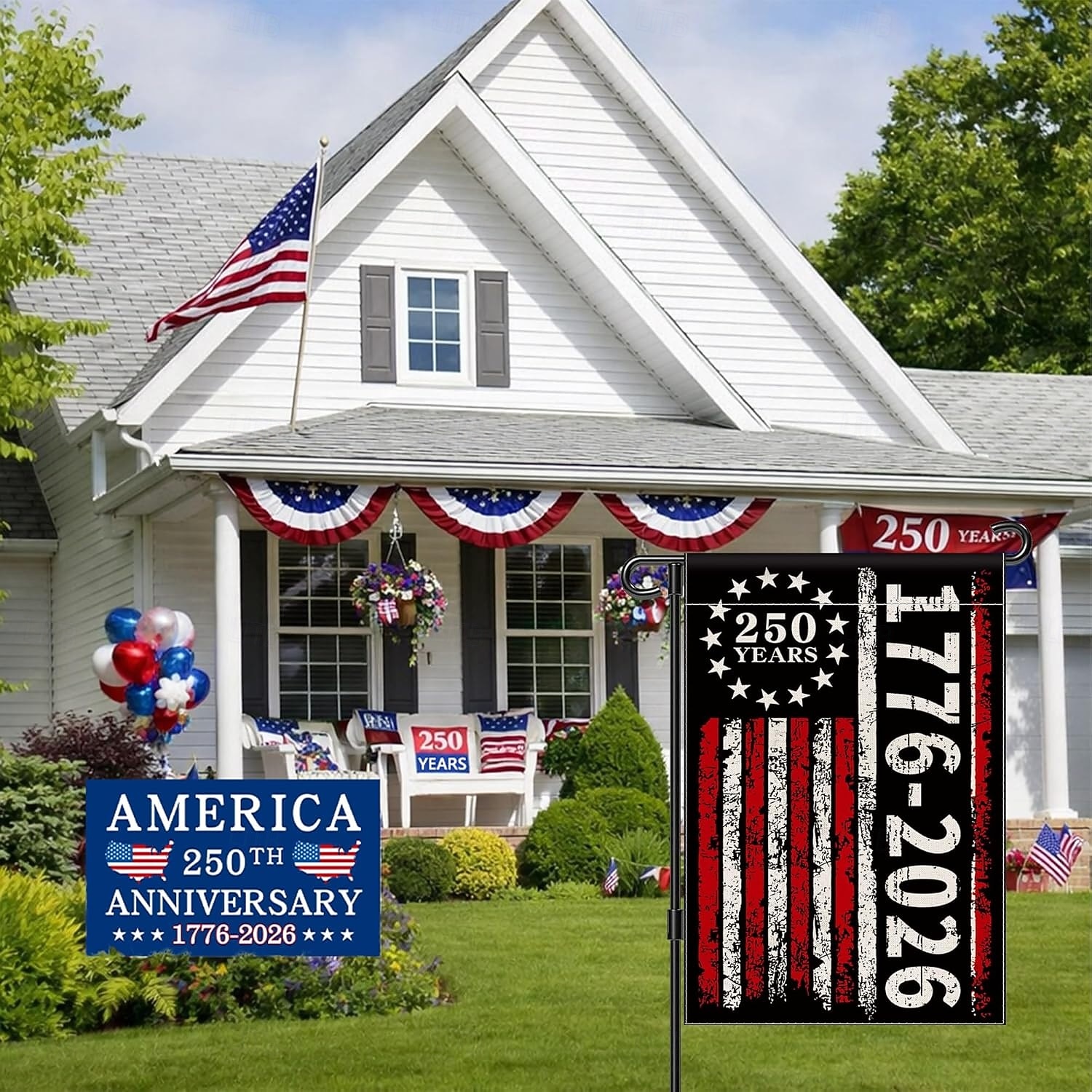 Banner de grădină vintage cu steagul american, aniversare de 250 de ani a SUA (1776-2026), cu design roșu, alb și negru, pentru decor exterior 2026 - $11.99 –P6