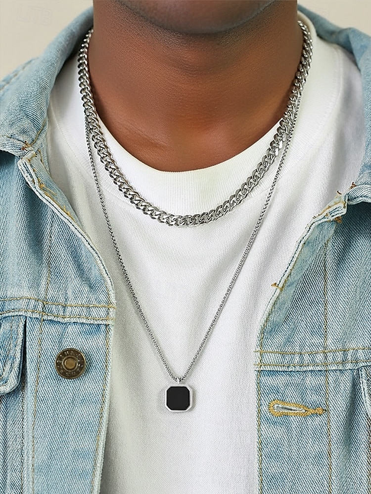 Schwarze Herren-Halskette mit quadratischem Anhänger aus Edelstahl – minimalistisches, geometrisches Ketten-Schmuckstück in Gold, Silber und Schwarz, modisches Accessoire für Alltag, Business Casual und Urlaub 2026 - $5.99 –P2