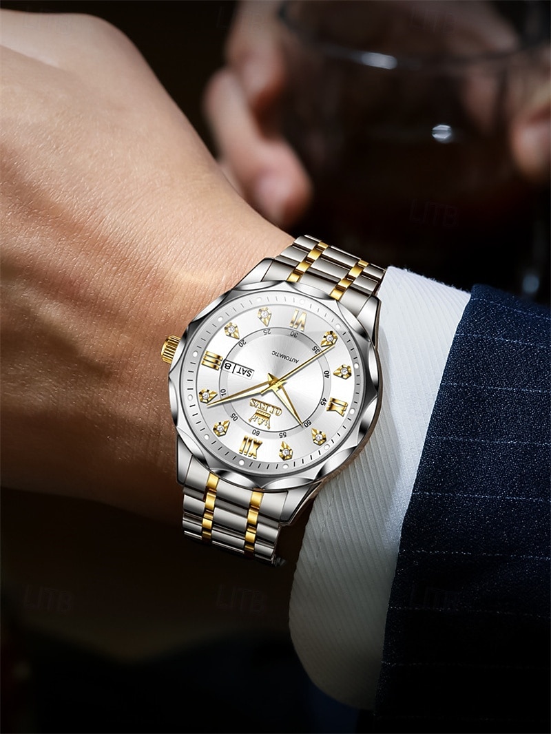 Nové pánské business hodinky značky Olevs s luminiscenčním displejem, kalendářem a týdenním ukazatelem, plně automatickým mechanickým strojkem, tvarem kosočtverce osazeným diamanty, voděodolné, vhodné 2026 - $94.99 –P2