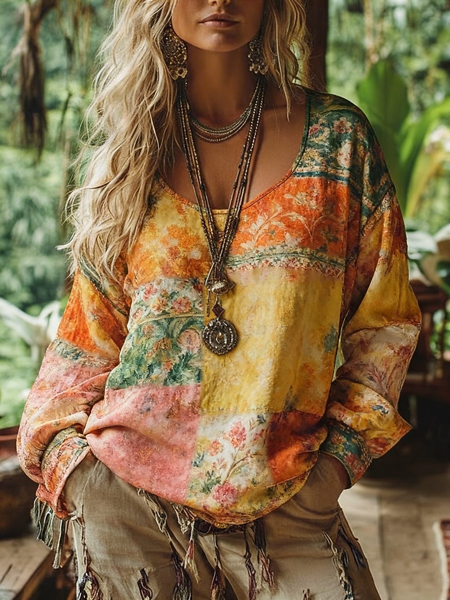 Damskie Koszulka w stylu boho Podkoszulek Koszulka Nadruk Kwiaty Zabytkowe Etniczne Codzienny Długi rękaw W serek Zwykłe topy Codzienny Weekend Ubrania wakacyjne Pomarańczowy Lato Wiosna Jesień 2026 - $26.99 –P1