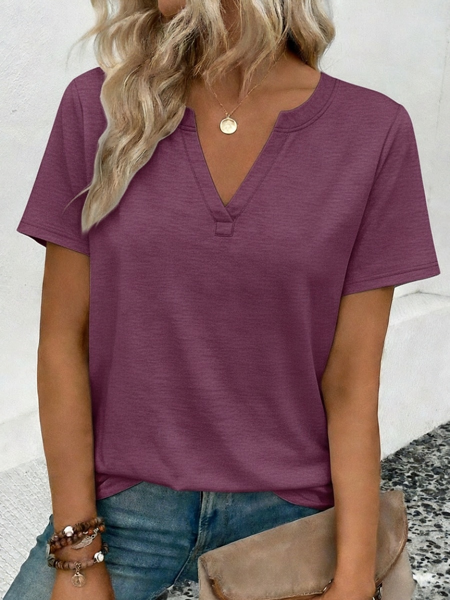 בגדי ריקוד נשים חולצה קצרה טופ טי צבע אחיד מסוגנן קלסי יום יומי שרוולים קצרים צווארון V חולצות רגילות יומי ליציאה סוף שבוע פול שחור לבן כחול סקיי סגול קיץ אביב 2026 - $21.99 –P4