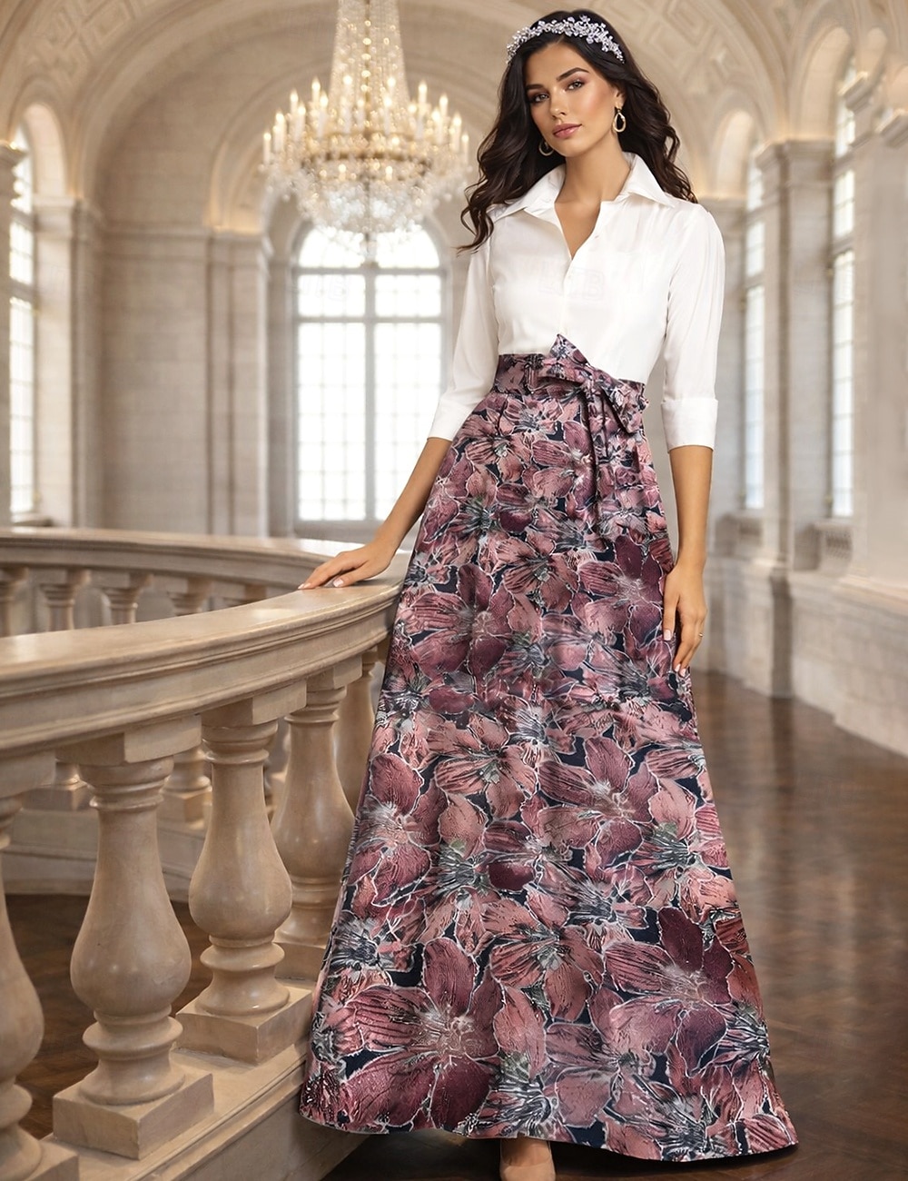 A-Linie Na zem Košilové šaty Šaty pro svatební hosty Formální šaty Šaty pro matku nevěsty Dlouhý rukáv Košilový límec Elegantní Vinobraní Formální Strečová látka s Mašle Barevné bloky 2026 - $186.99 –P8