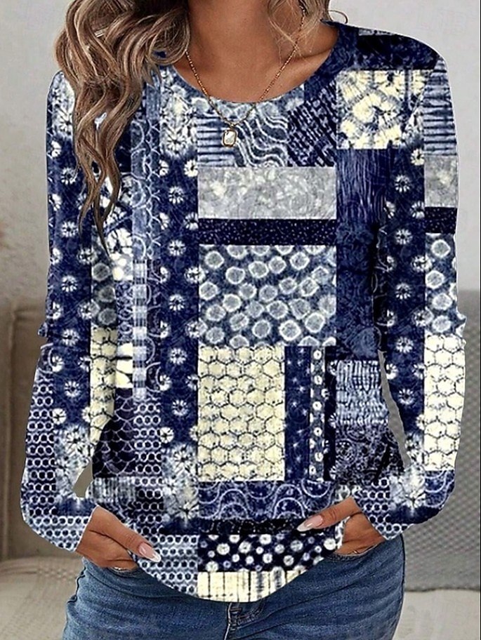 Per donna Maglietta Stampato Grafico Geometria Vintage Elegante Moderno Manica Lunga Girocollo Top Regolari Quotidiano Weekend Blu Rosso Estate Primavera del 2026 a $24.99 –P1