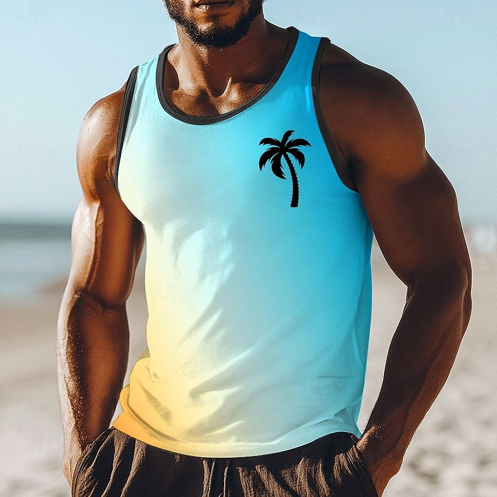 Canotta da uomo senza maniche, scollo a U, estiva, ciano, azzurro, giallo sfumato, sfumato, minimalista, nero, palma, spiaggia tropicale, vacanza, moda, strada, casual, sportivo, t-shirt per uomo del 2026 a $17.99 –P1