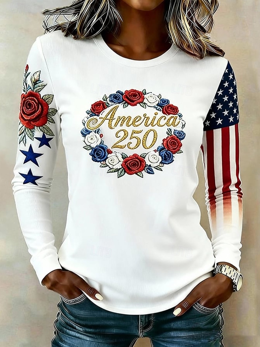 Independence Day American Anniversary Patriotic Women's T Shirt Print Graphic Flag American Flag Stylish Classic Casual Long Sleeve Crew Neck Regular Tops Daily White Summer Spring 2026 - $24.99 –P1