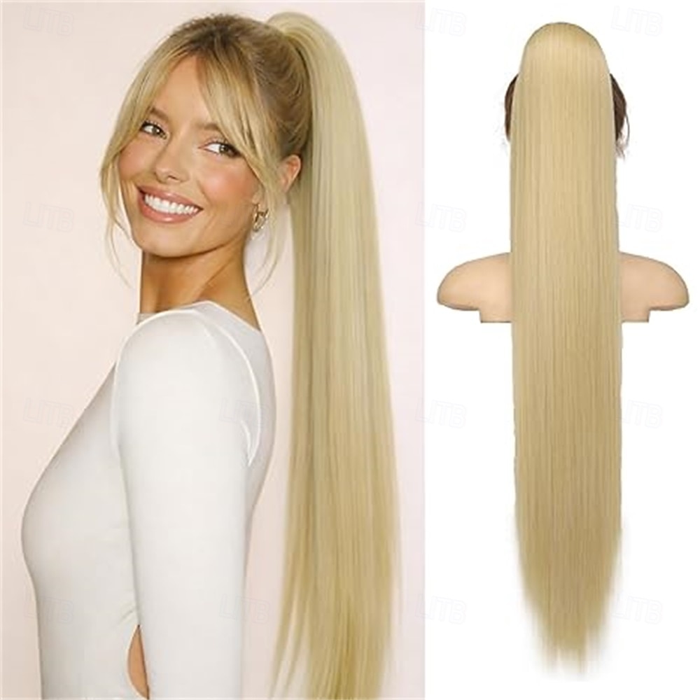 kiristysnyörillä poninhäntäpidennykset, pitkät suorat poninhännät, luonnollisen pehmeät klipsiponinhännät naisille, synteettiset hiuslisäkkeet, ombre, mustasekoitus, vaaleat 2026 - $22.99 –P3