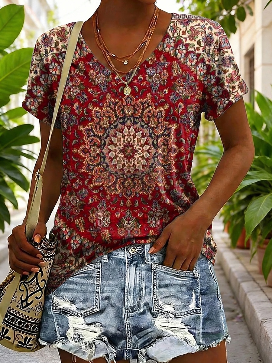 Women's T Shirt Print Graphic Geometric Vintage Stylish Classic Short Sleeve V Neck Long Tops Daily Red Purple Summer Spring 2026 - $21.99 –P1
