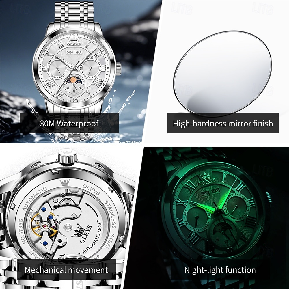2026年 OLEVS 男性 機械式時計 クリエイティブ 贅沢 ファッション ビジネス スケルトン 自動巻き トゥールビヨン ムーンフェイズ表示 ステンレス レザー 腕時計  コレクション – $105.99 –P7