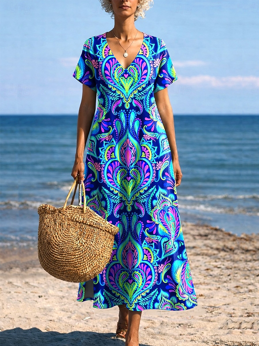 Femmes Robe Midi Robe d'Été Robe trapèze Vacances Occasionnel Boho Papillon Plage Coupe régulière Graphique Tribal Manche Courte Col Rond Bleu Bleu Ciel Or noir Noir Été Printemps de 2026 ? $27.99 –P3