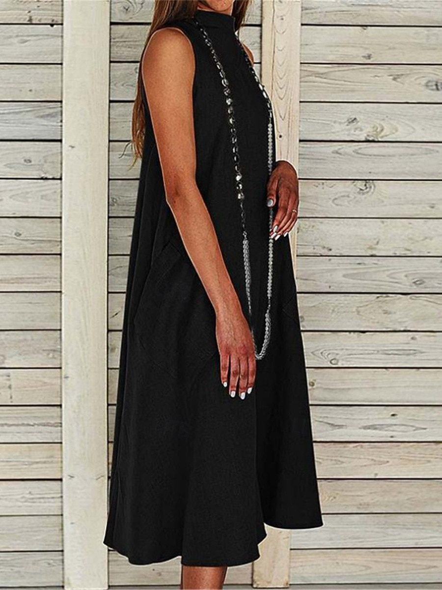 damska sukienka midi bez rękawów kieszenie swobodna linia A okrągły dekolt biała lato uniwersalna regularny krój wygodna lekka oddychająca odzież odzież 2026 - $26.99 –P3