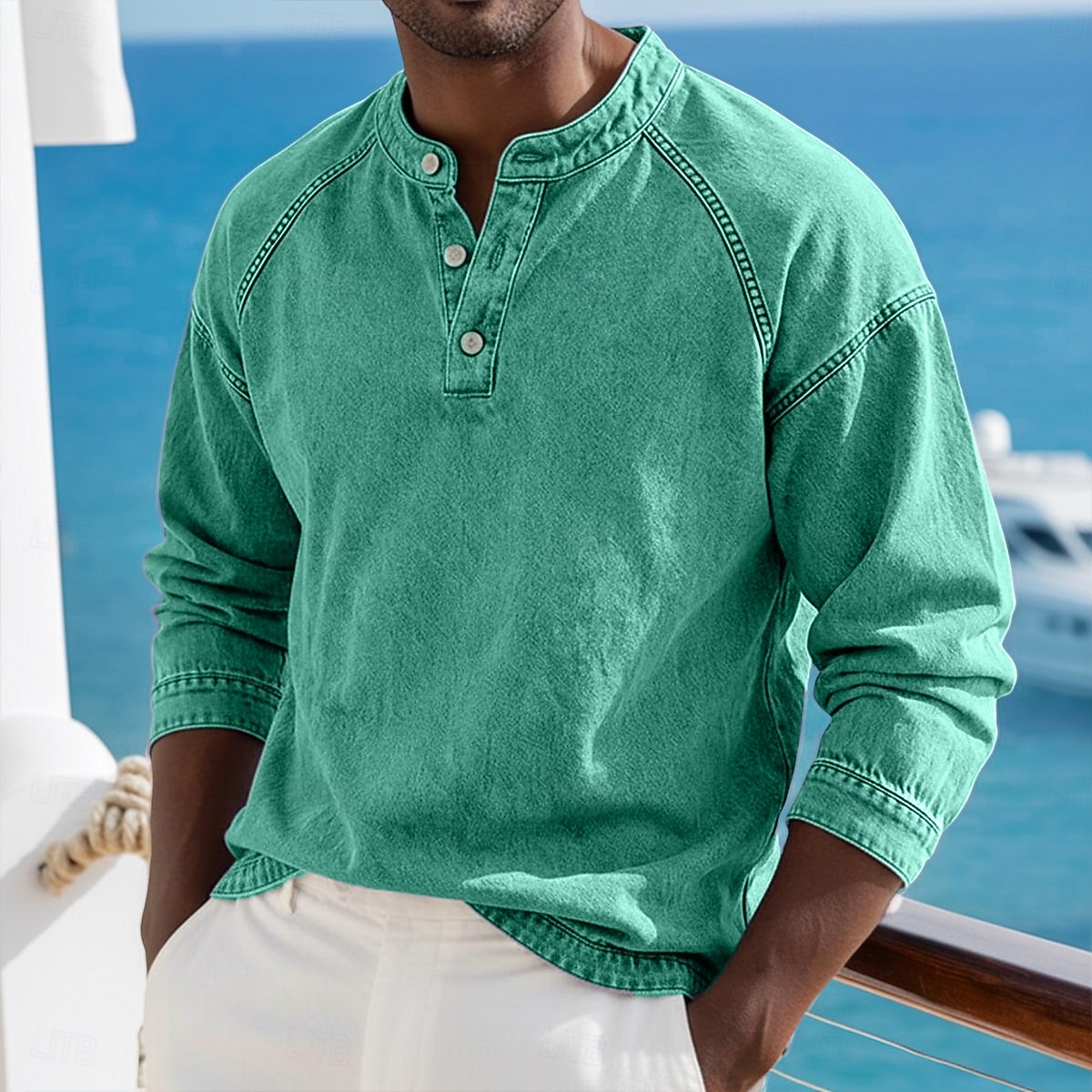 Voor heren T-shirt Henley-shirt Overhemd van 100% katoen met zure wassing Lange mouw Effen Effen kleur Vintage Streetwear Casual Kledingstuk geverfd Bleek Puur Opstaand Henley Casual Huis Straat 2026 - $33.99 –P13