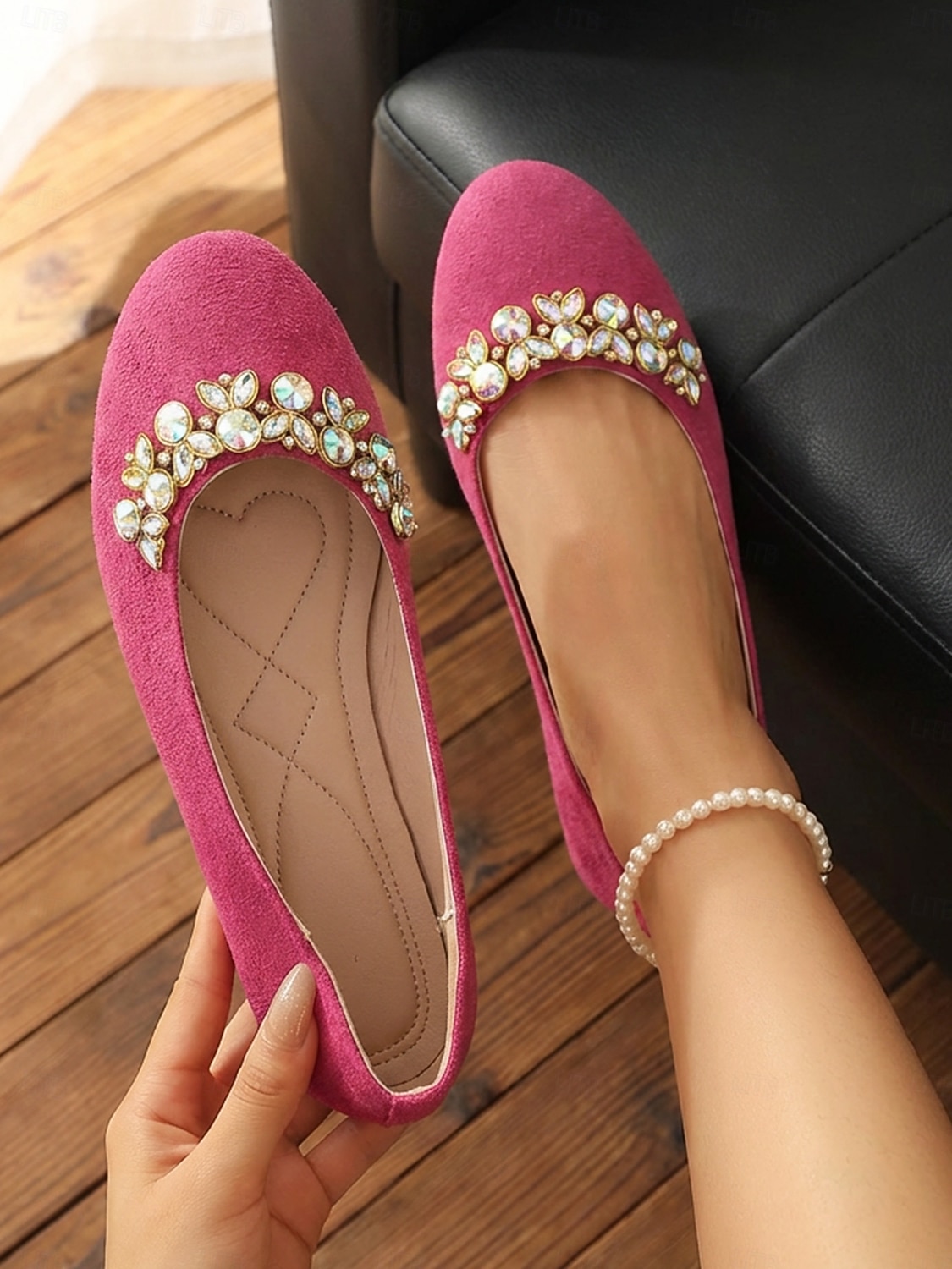 Pinkfarbene Wildleder-Ballerinas für Damen mit Strassverzierungen – bequeme Slipper für Alltag, Arbeit und Shopping 2026 - $19.99 –P5