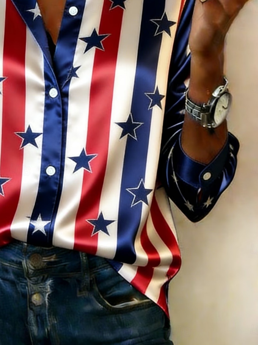 Giorno dell'Indipendenza Americana Per donna Camicia Camicia in raso Camicia button-down Camicia casual Stampato Grafico A righe Classico Casual Manica Lunga Colletto a Camicia Top Regolari del 2026 a $29.99 –P3