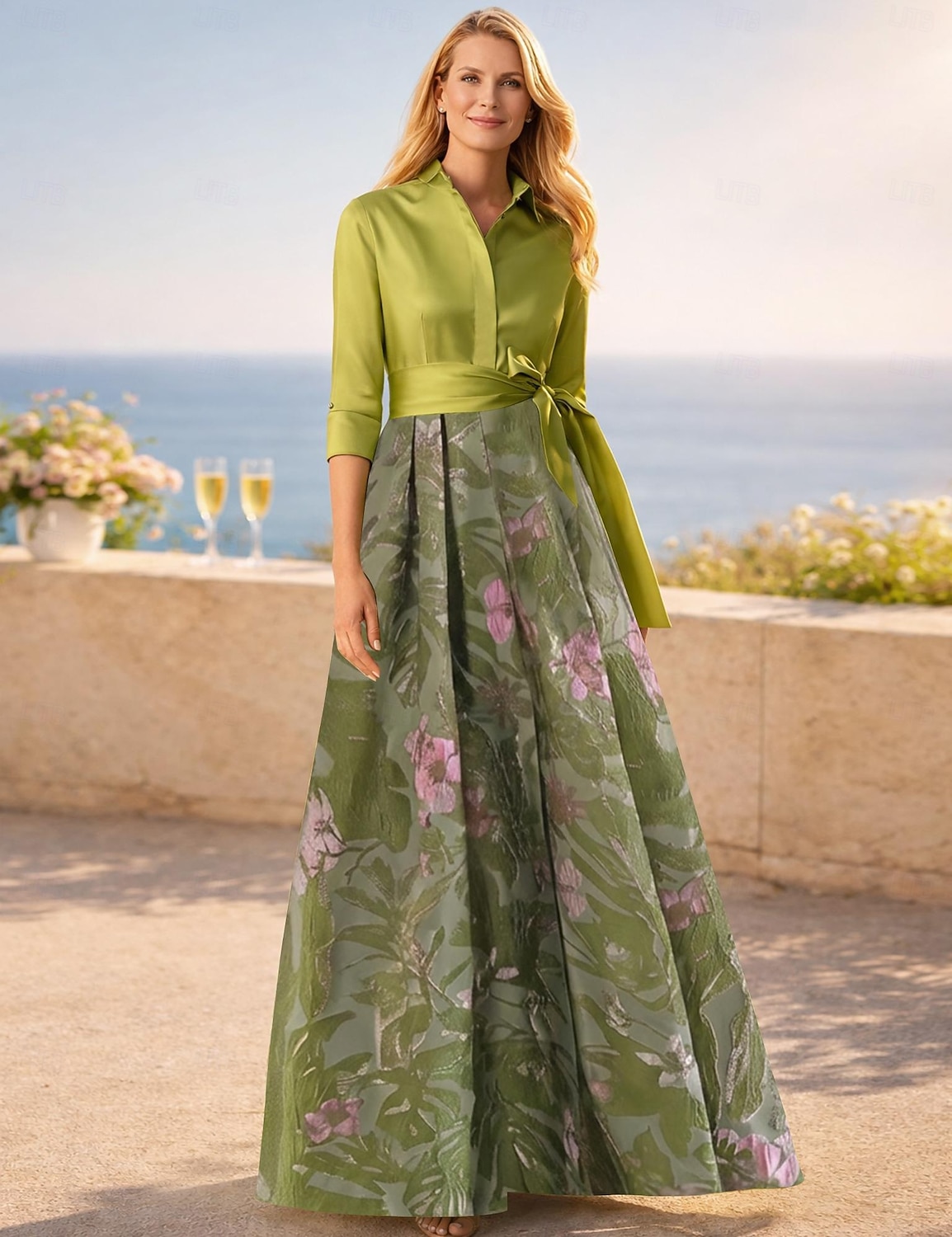 A-Line Floor Length Shirt Dress Wedding Guest Dress Formal Dresses Mother of the Bride Dress Long Sleeve Shirt Collar Elegant Vintage Wedding Formal Nylon with Floral Print Bow(s) Slit 2026 - $186.99 –P1