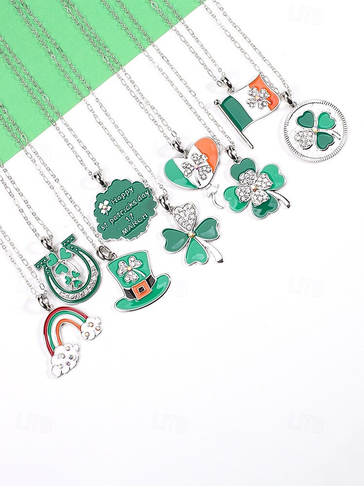 Colier pentru femei cu trifoi de Ziua Sfântului Patrick, pandantiv verde cu breloc din aliaj durabil, mai multe stiluri, inclusiv trifoi și potcoavă, bijuterii festive irlandeze pentru parade, petreceri și ținute de sărbătoare. 2026 - $9.99 –P5
