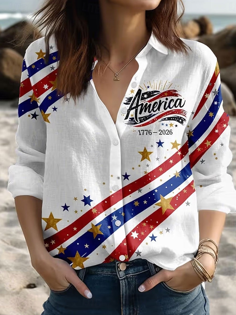 Jour de l'Indépendance Américaine Femmes Chemise Boutons Imprimé Graphique Drapeau Américain Élégant ancien Tropical manche longue Col de chemise Hauts Réguliers Quotidien Travail Bleu Noir Blanche de 2026 ? $36.99 –P4