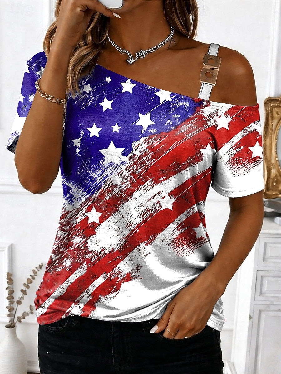 2026年 アメリカ独立記念日 女性用 Tシャツ ティートップ プリント グラフィック スタイリッシュ クラシック カジュアル 半袖 非対称ネック レギュラートップス 日常 お出かけ 週末 ブルー ルビーレッド レッドとブルー 夏 春  コレクション – $21.99 –P4