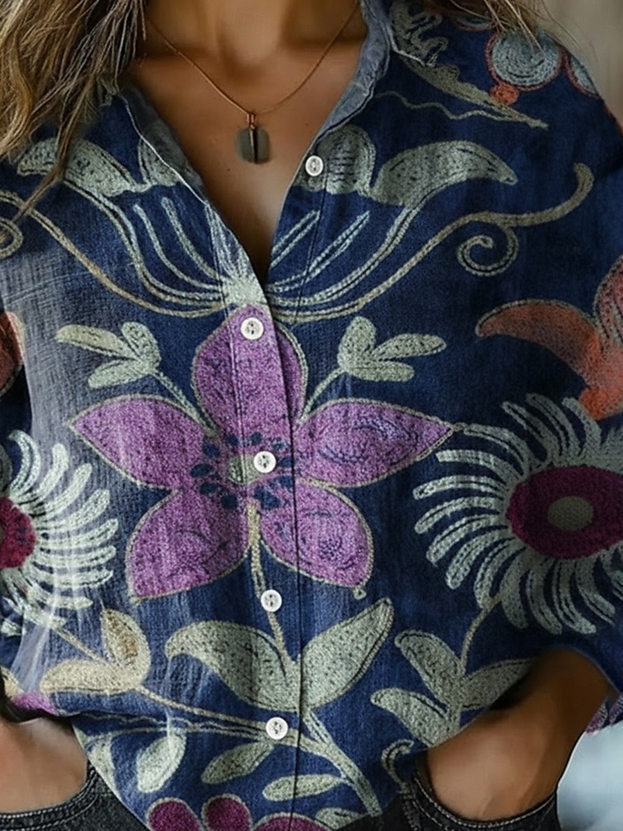 Women's Shirt Faux Cotton Linen Buttons Print Floral Graphic Bohemia Active Vintage Long Sleeve Shirt Collar Regular Tops Daily Holiday Blue Summer Spring Fall 2026 - $35.99 –P3