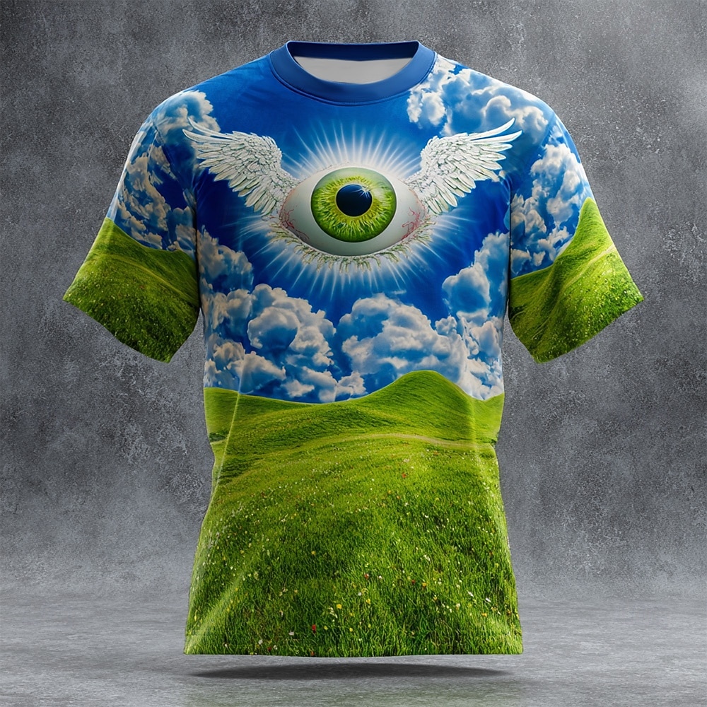Męska koszulka Dreamcore z aniołami, gałką oczną, grafiką 3D, surrealistycznym niebem i zielonym wzgórzem, dziwaczny, estetyczny t-shirt, odzież, rozmiary S, M, L, XL, XXL, XXXL 2026 - $21.99 –P3