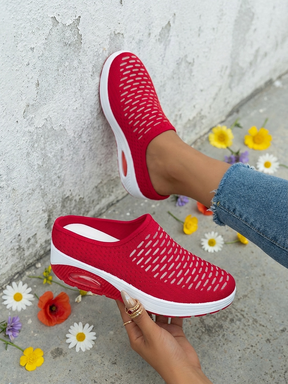 Γυναικεία κόκκινα casual αθλητικά mules με πλατφόρμα αέρα - αναπνεύσιμο πλέγμα στο πάνω μέρος, ελαφριά και άνετα παπούτσια για περπάτημα για γυναίκες, ιδανικά για καθημερινή χρήση, ταξίδια, ψώνια, 2026 - $24.99 –P6