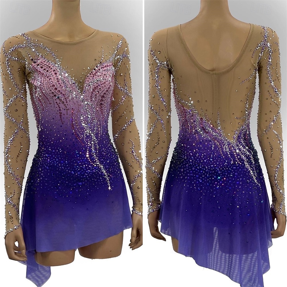 Figure Skating Dress Women's Ice Skating Dress Fuchsia Patchwork Open Back Stretchy Training Competition Skating Wear Classic Crystal / Rhinestone Long Sleeve Ice Skating Figure Skating 2026 - $362.19 –P1