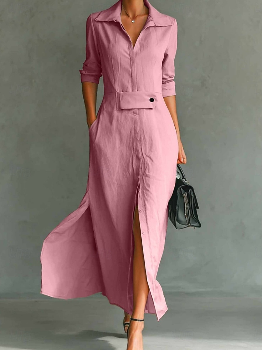 Women's Maxi Dress Shirt Dress White Dress Casual Dress Work Dress Elegant Fashion Modern Daily Office Regular Fit Plain Long Sleeve Shirt Collar Blue Black White Pink Summer Spring 2026 - $25.99 –P5