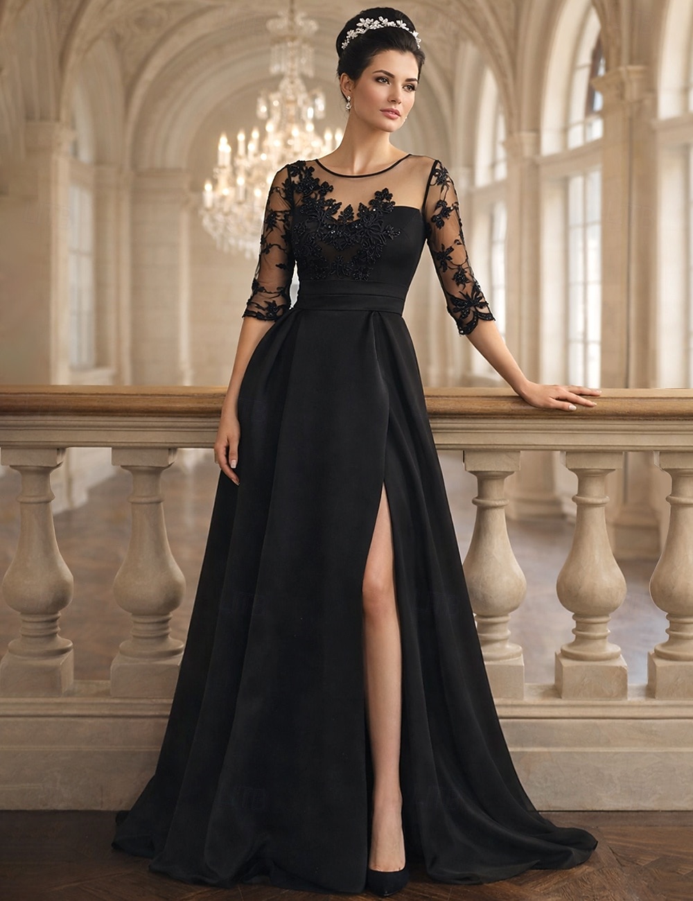 Linia -A Lungime Podea Rochie pentru invitata de nunta Rochie formala Rochie Flare Rochie Mama Miresei Lungime Manșon 3/4 Bijuterie Elegant Mamă Invitat la nunta Satin cu Mărgele Aplică 2026 - $206.99 –P4