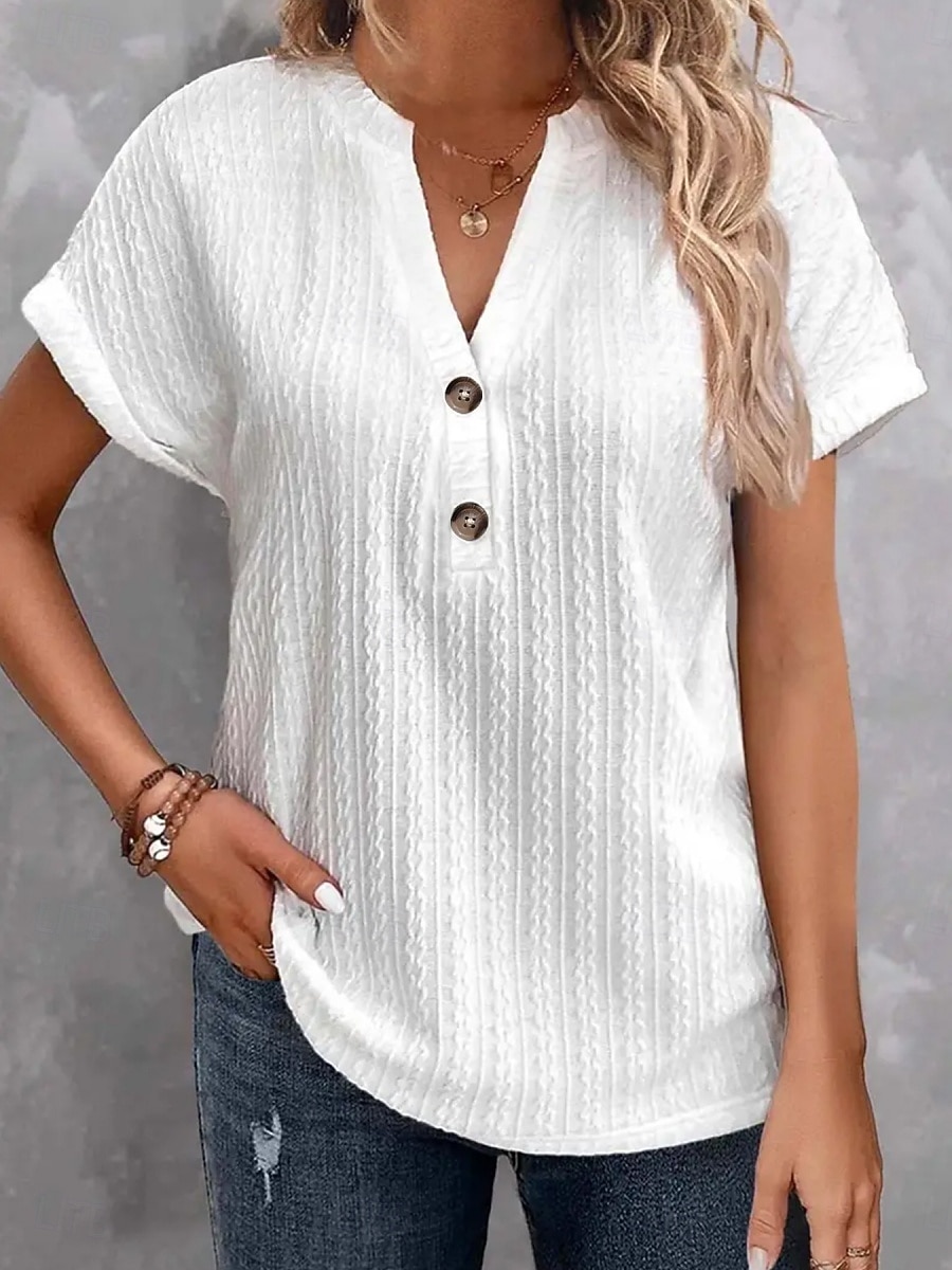 Per donna Maglietta Bottoni Semplice Moda Elegante Classico Manica Corta Scollo a V Top Regolari Quotidiano Uscire Weekend Bianco Vino Marrone Estate Primavera del 2026 a $21.99 –P4