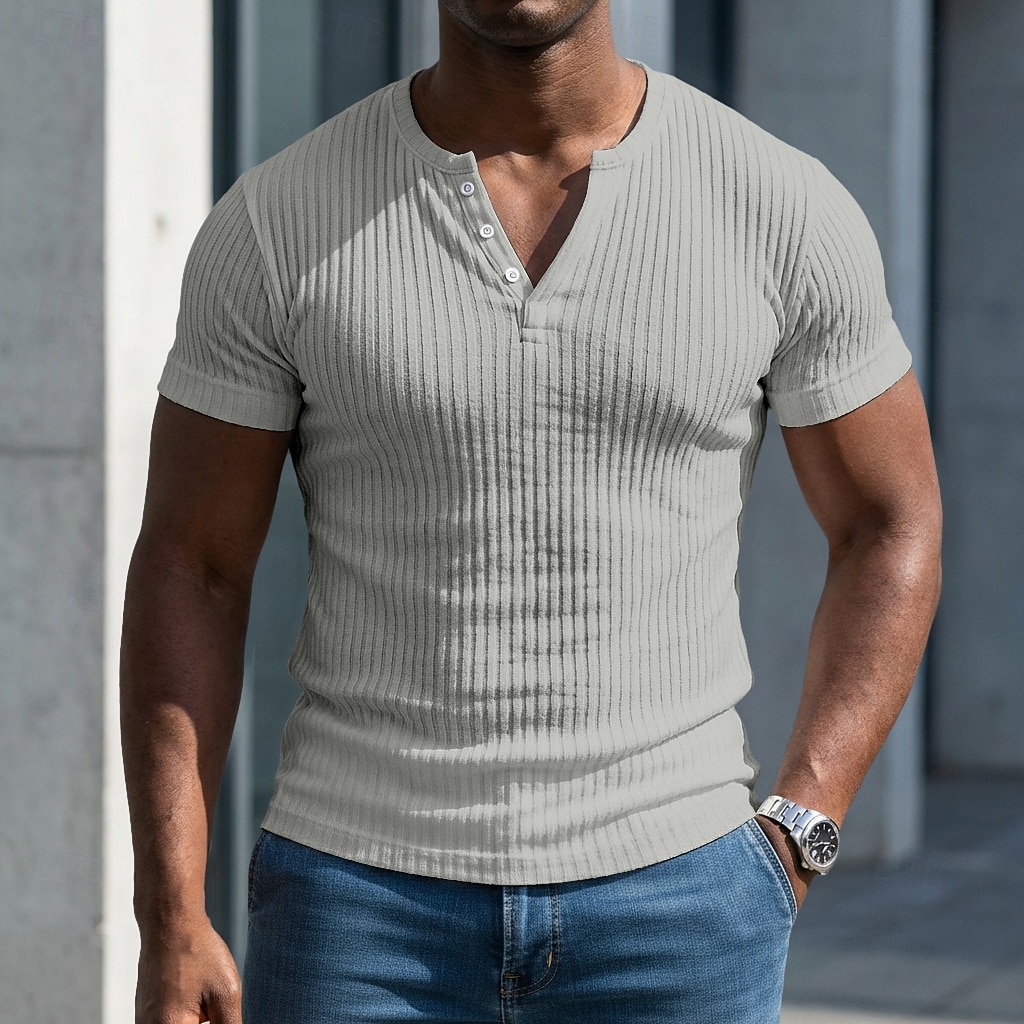 Bărbați Tricou Cămașă musculară Tricou din tricot cu nervuri Tee Top Manșon scurt Mânecă scurtă În V Henley Vară Primăvară Toate Sezoanele Simplu Pit Strip Modă Designer De Bază Nasturi Casual 2026 - $20.99 –P11
