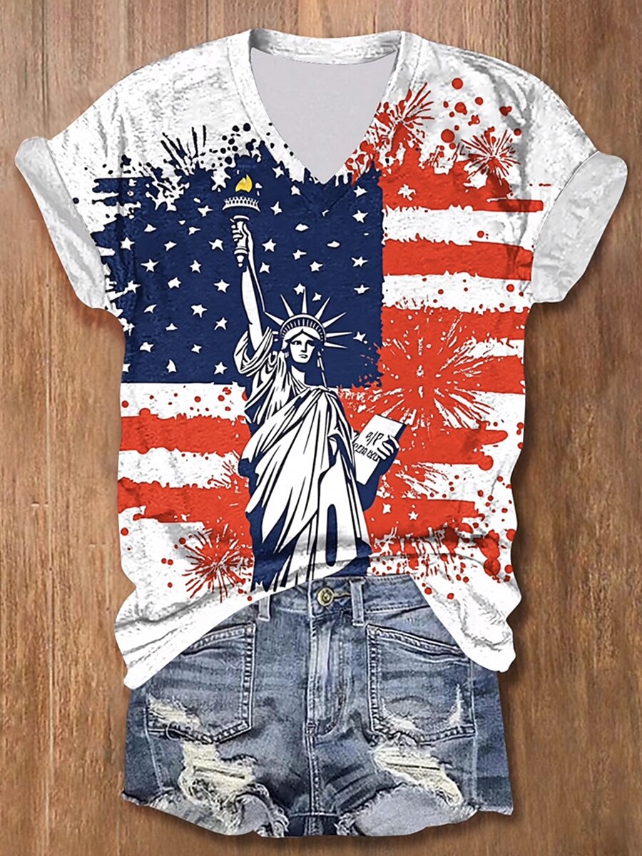 חולצת טי פטריוטית ליום העצמאות נשים גרפית דגל אמריקאי אופנתית קלאסית קז'ואל עם שרוול קצר צווארון V טופים רגילים הדפסה יומית אדום סגול ירוק קיץ אביב 2026 - $21.99 –P1